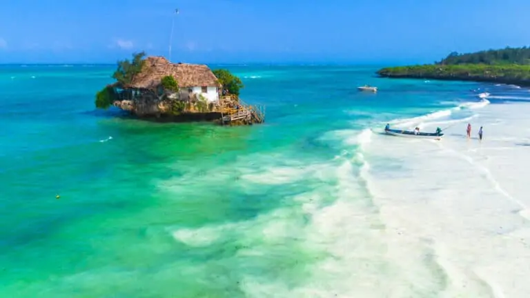 Aerial. Reastaurant on rock. Zanzibar, Tanzania.